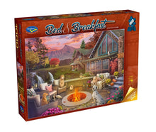 Jigsaw puzzle box titled 'Bed & Breakfast' with a scenic cabin and fire pit design.