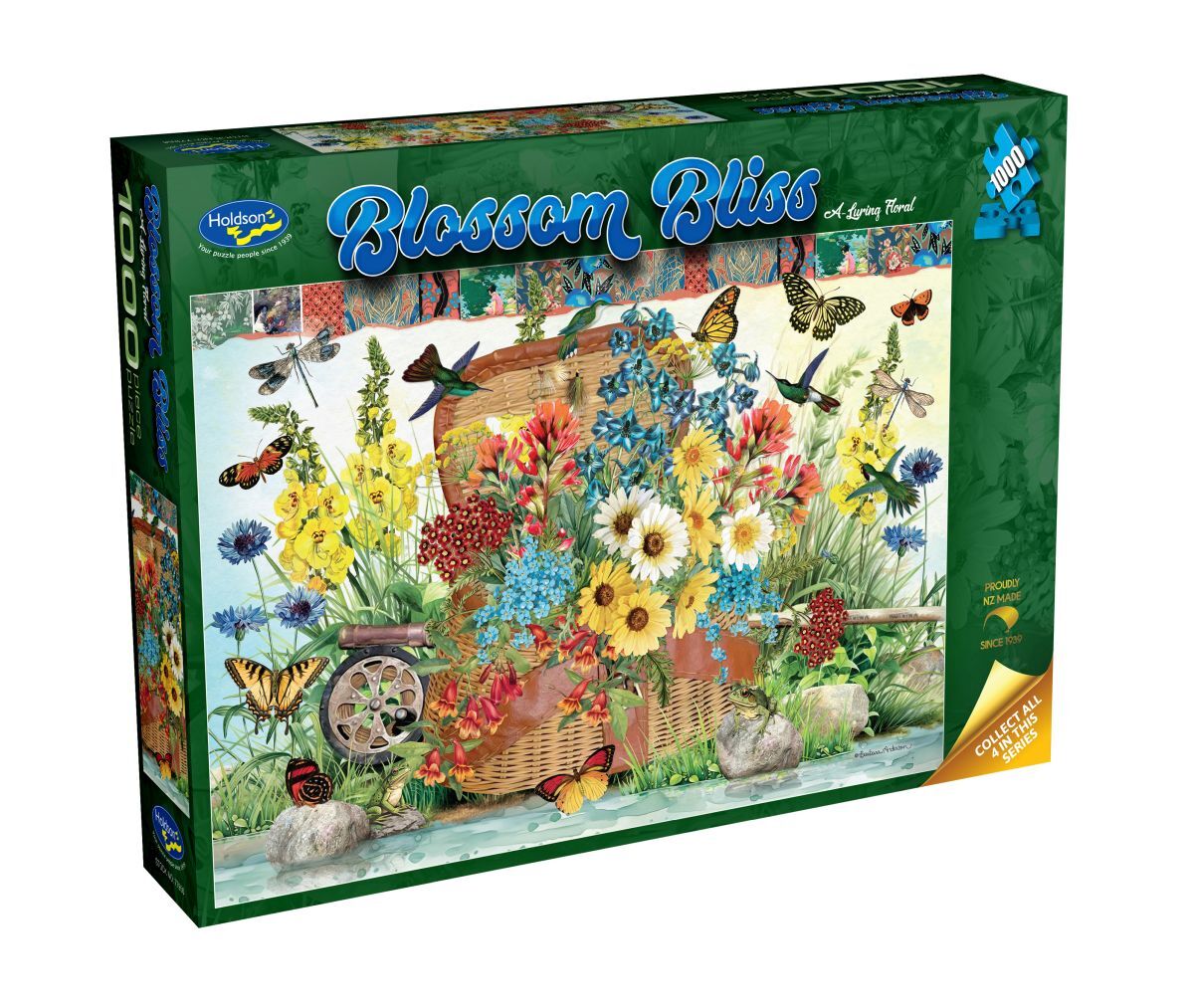 Jigsaw puzzle box titled 'Blossom Bliss' with floral and butterfly design on a white background