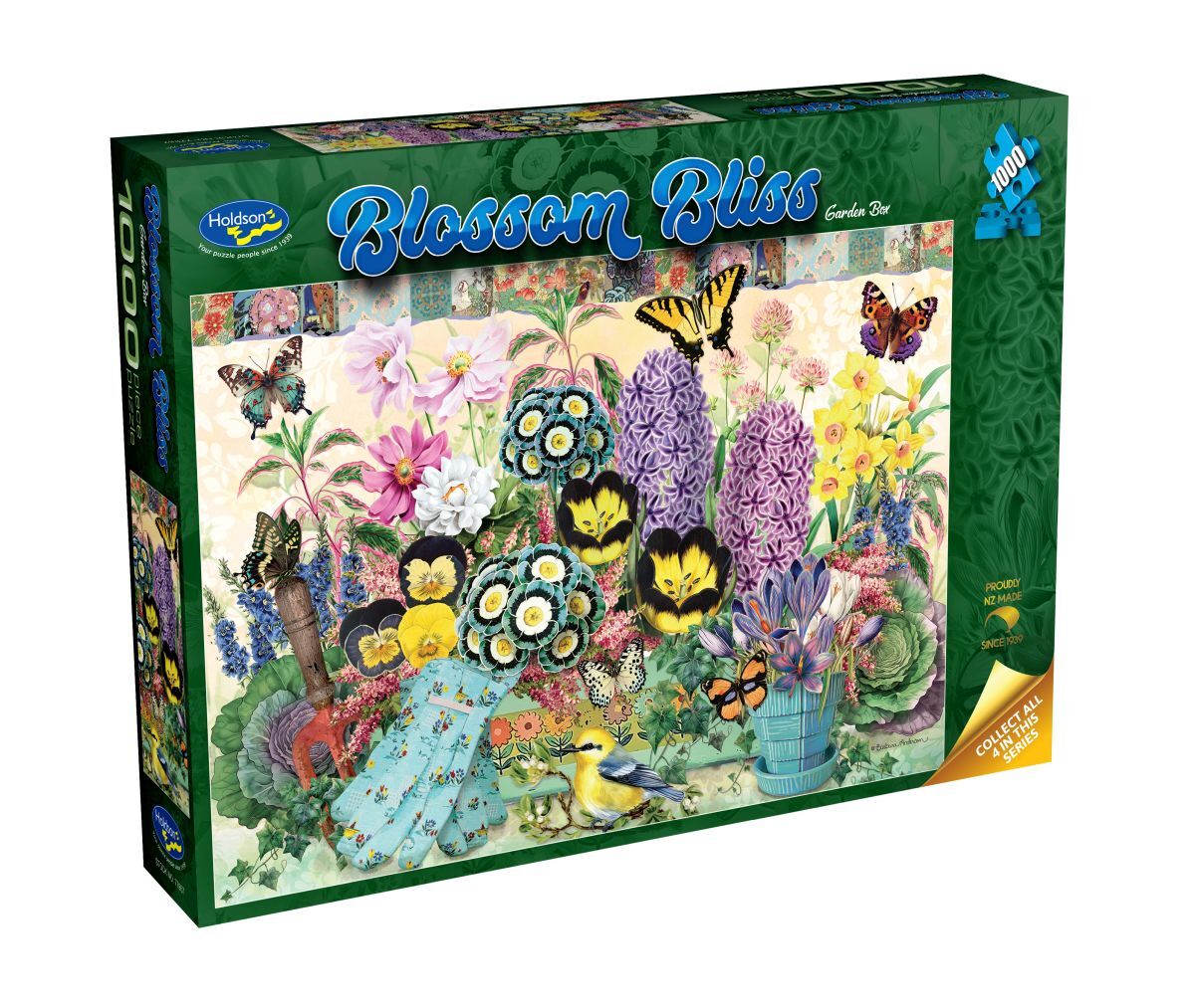 Jigsaw puzzle box titled 'Blossom Bliss' with colorful flowers and butterflies on a white background.