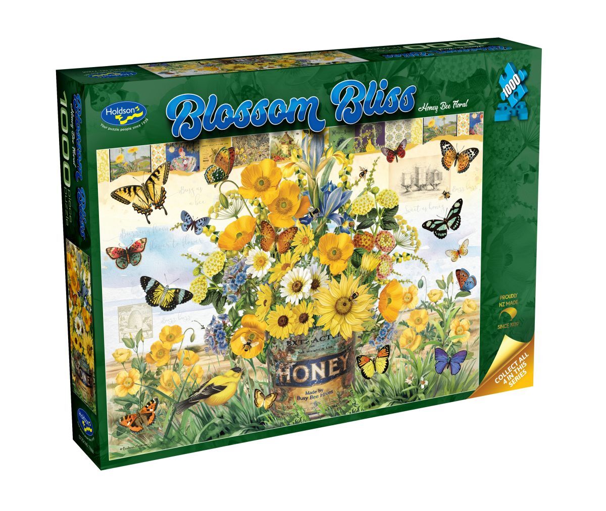 Jigsaw puzzle box titled 'Blossom Bliss' with floral and butterfly design on a white background