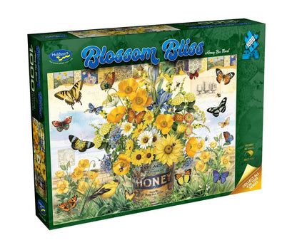 Jigsaw puzzle box titled 'Blossom Bliss' with floral and butterfly design on a white background