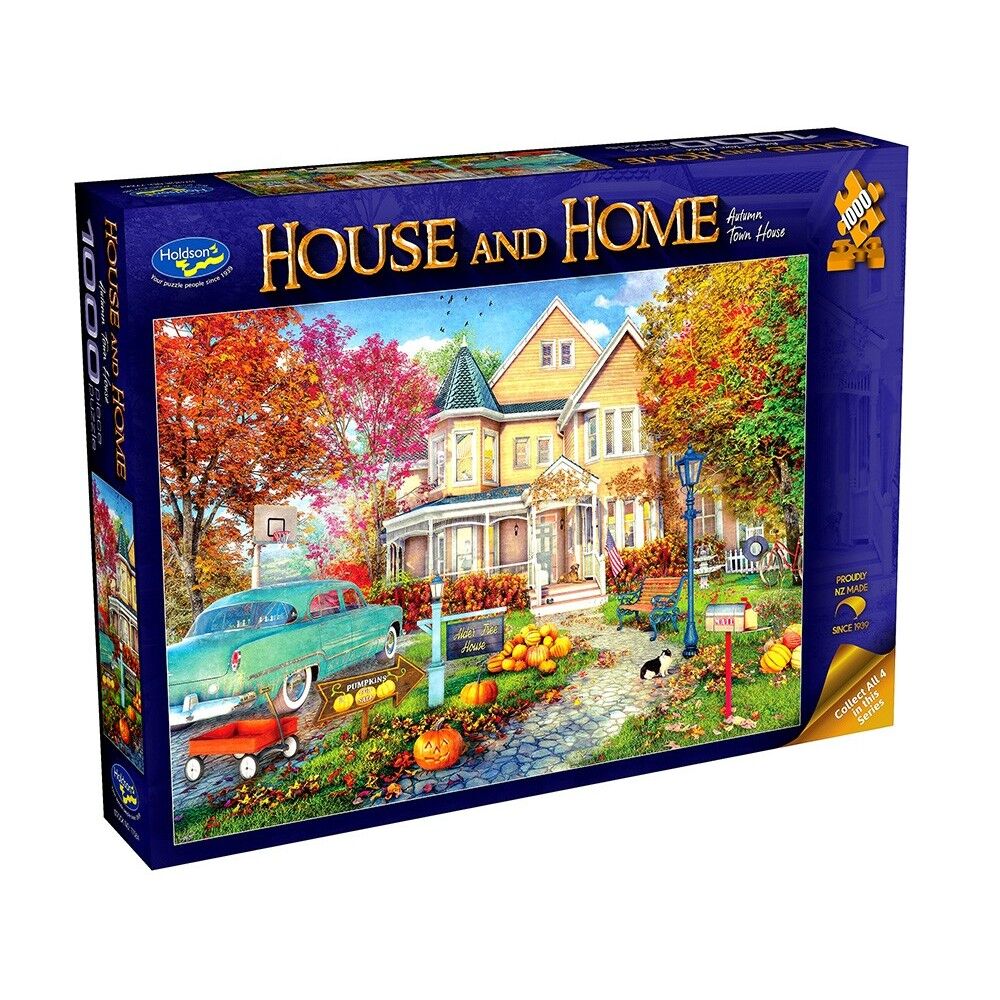 Puzzle box titled 'House and Home' with a colorful autumn scene of a house and vintage car on the cover.
