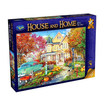 Puzzle box titled 'House and Home' with a colorful autumn scene of a house and vintage car on the cover.