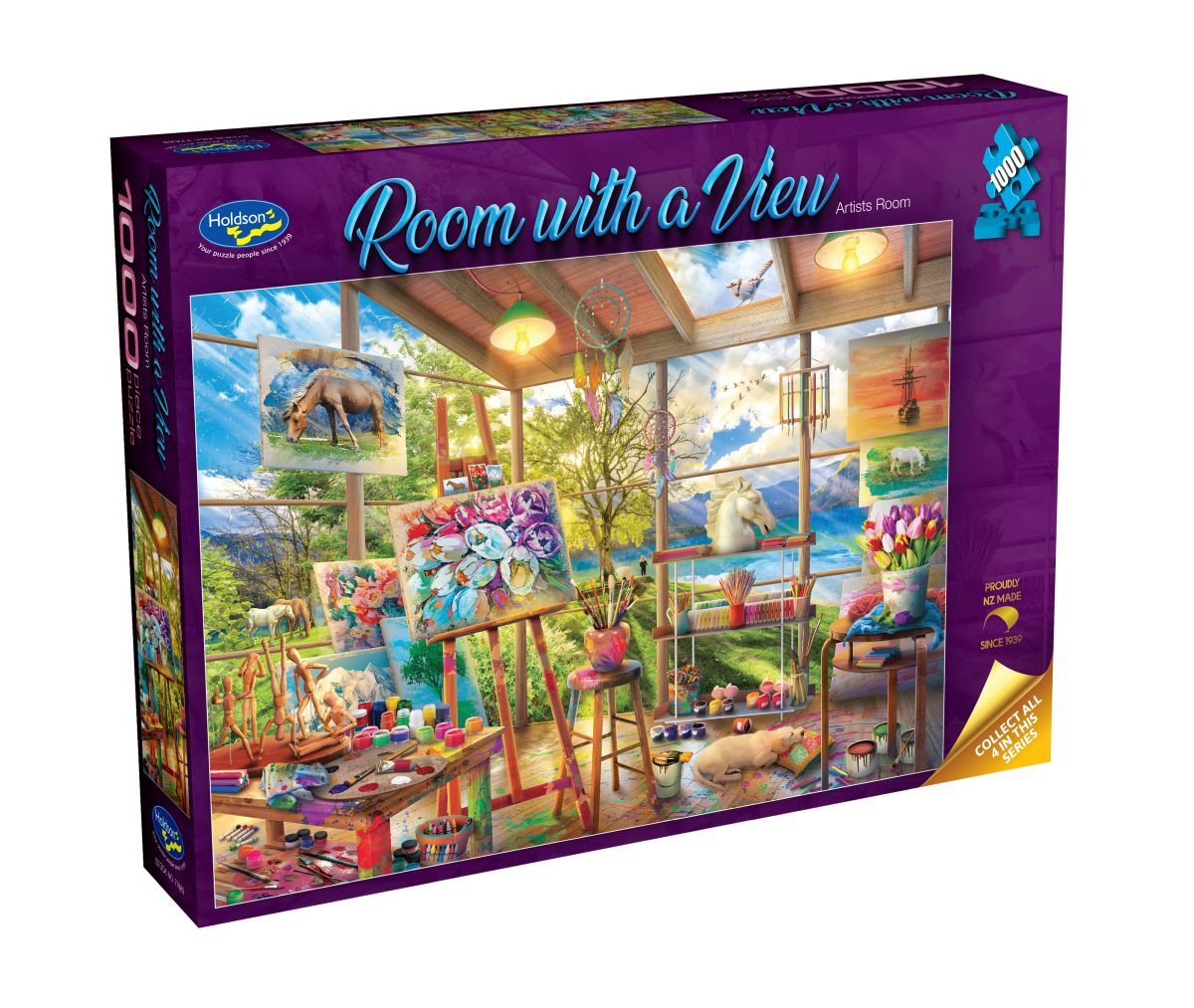 Jigsaw puzzle box titled 'Room with a View' by Holdson, featuring an artist's studio with large windows.