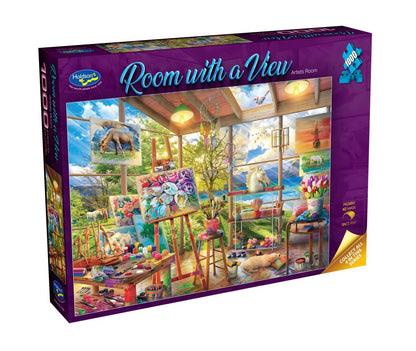 Jigsaw puzzle box titled 'Room with a View' by Holdson, featuring an artist's studio with large windows.