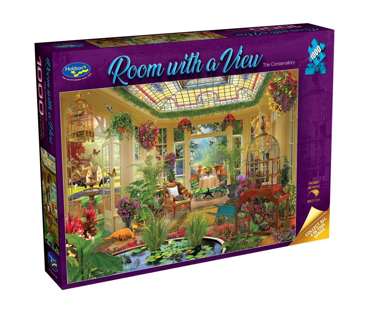 Jigsaw puzzle box titled 'Room with a View' by Holdson on a white background