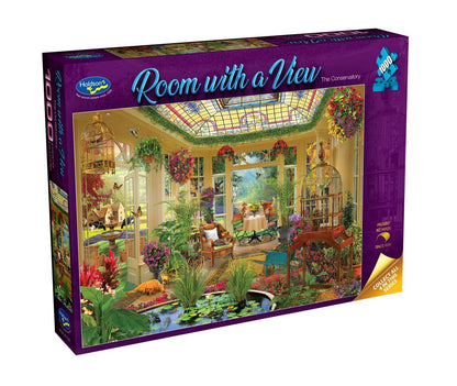 Jigsaw puzzle box titled 'Room with a View' by Holdson on a white background