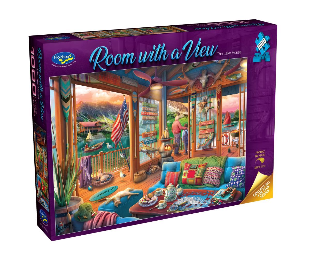 Jigsaw puzzle box titled 'Room with a View' by Holdson, featuring a colorful interior scene.