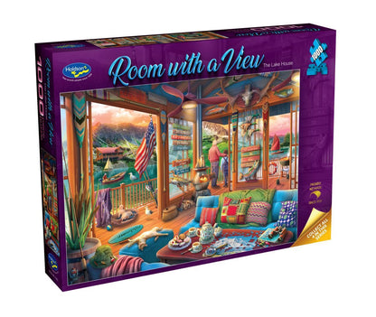 Jigsaw puzzle box titled 'Room with a View' by Holdson, featuring a colorful interior scene.