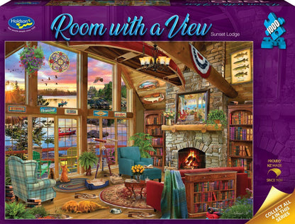 Jigsaw puzzle box titled 'Room with a View' featuring a cozy living room scene.