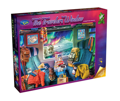 Holdson The Travelers Window puzzle box with colorful design and train interior illustration.