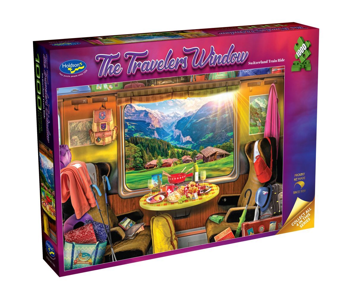 Jigsaw puzzle box titled 'The Traveler's Window' with a scenic view of a mountain landscape.