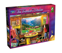 Jigsaw puzzle box titled 'The Traveler's Window' with a scenic view of a mountain landscape.