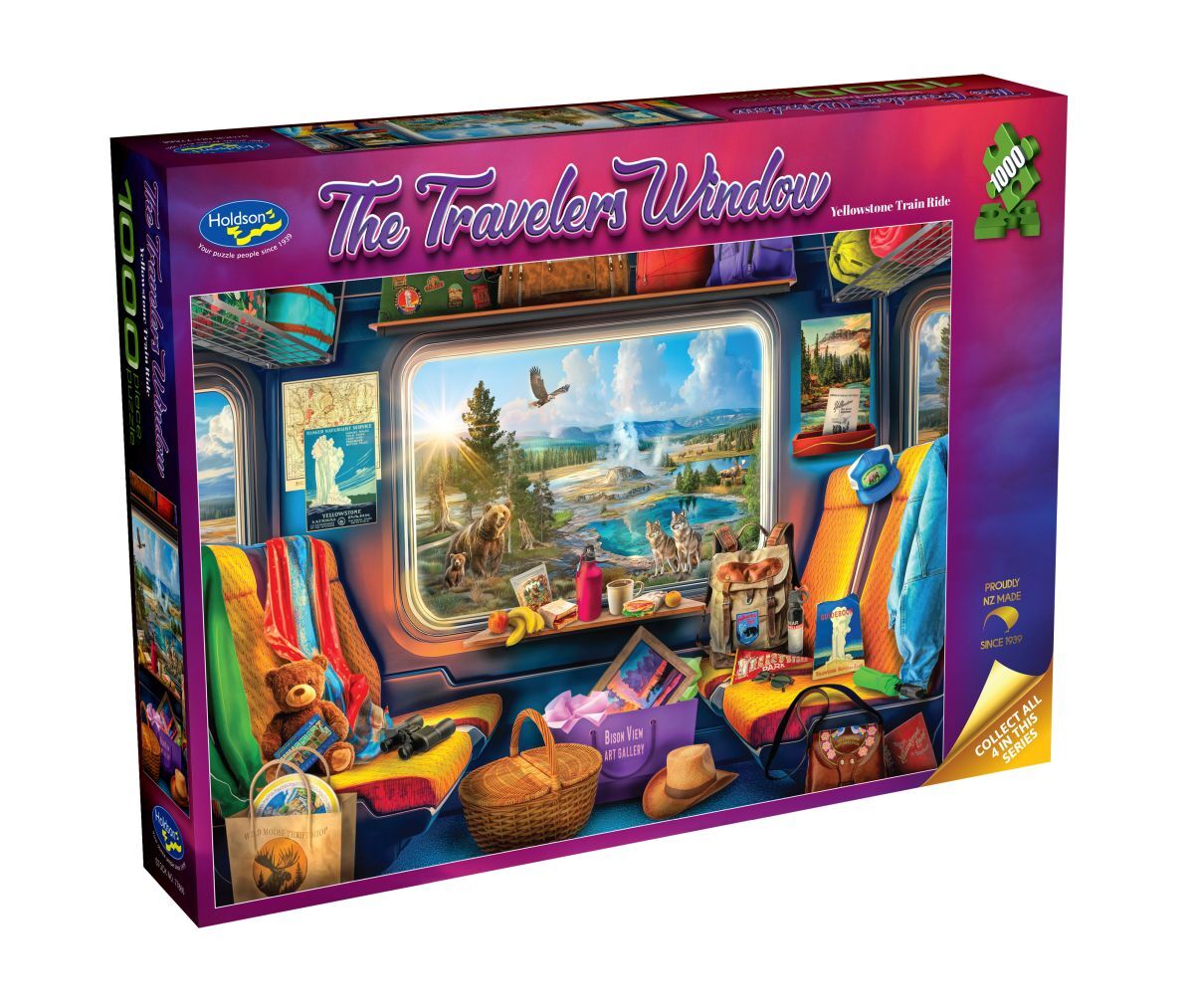 Jigsaw puzzle box titled 'The Traveler's Window' by Mosaics, showing a colorful illustrated scene inside a train with a large window overlooking a scenic landscape.