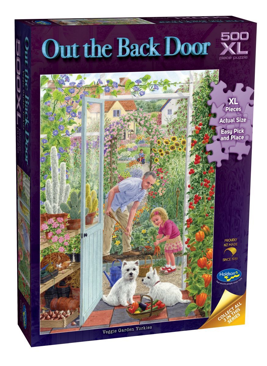 Jigsaw puzzle box titled 'Out the Back Door' with a family and dogs on a porch scene.