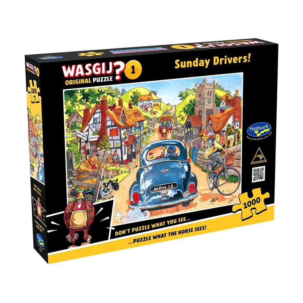 Jigsaw puzzle box titled 'Sunday Drivers!' by Wasgij with a colorful illustration of a village scene on the cover.