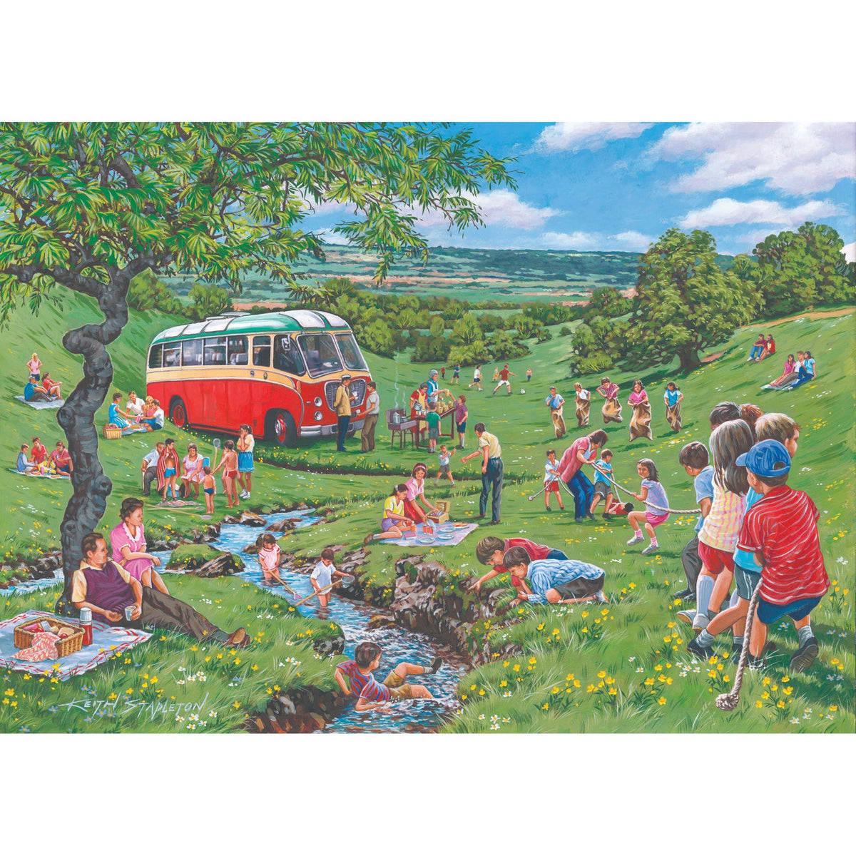 puzzle Illustrating a red bus in a scenic countryside with people enjoying a picnic and playing.