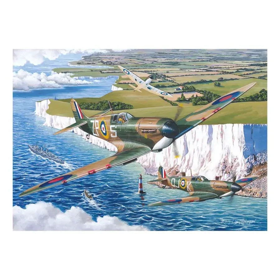 Artistic depiction of World War II-era fighter planes Puzzle flying over a coastal landscape with cliffs and water.