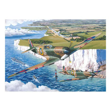 Artistic depiction of World War II-era fighter planes Puzzle flying over a coastal landscape with cliffs and water.