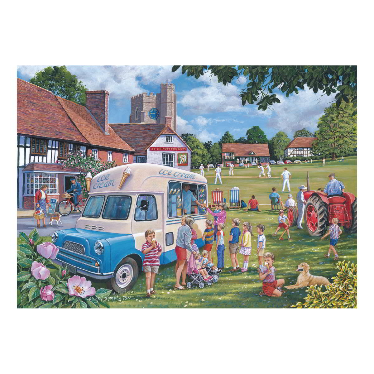 A colorful vintage-style ice cream truck parked in a village square with people gathered around it, set against a backdrop of traditional houses, a church tower, green lawns, and a red tractor. The scene is illustrated in a whimsical, painterly style with pink flowers in the foreground.