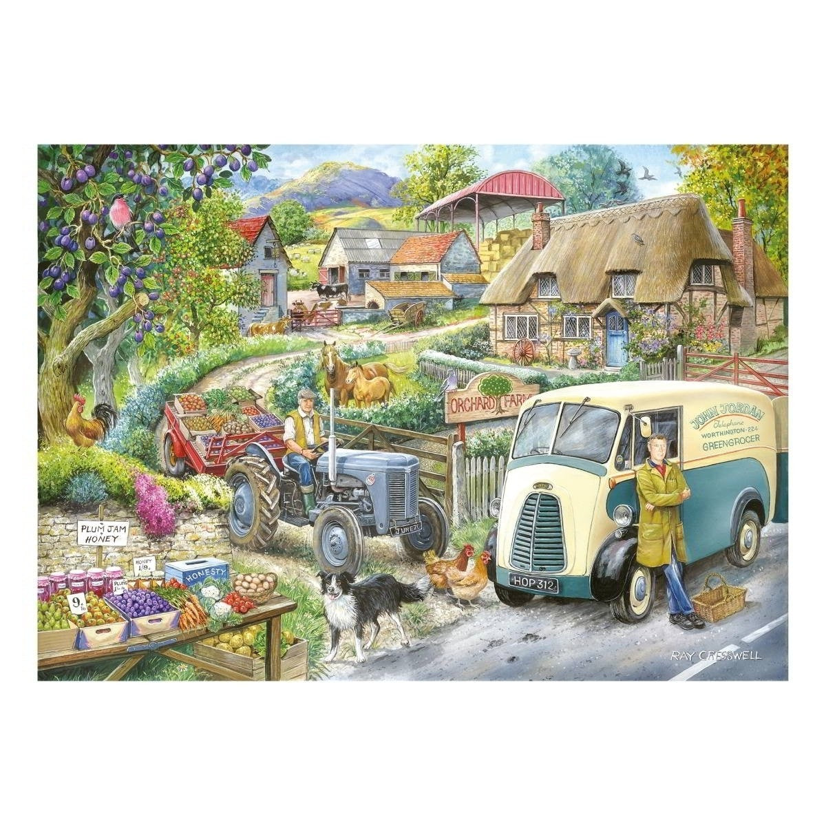 A colorful illustrated Puzzle scene showing a rural farm road with a cream and blue delivery van parked beside a woman standing by the door, a tractor with a farmer seated inside, chickens, a dog, fruit stands, and thatched cottages in the background.