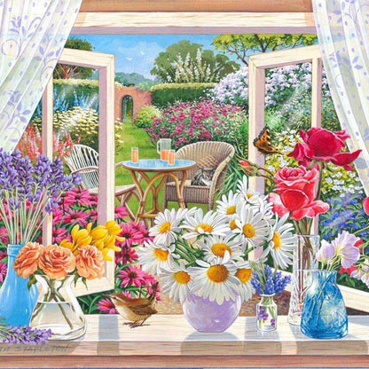 Colorful flowers in vases on a windowsill with a garden view Puzzle