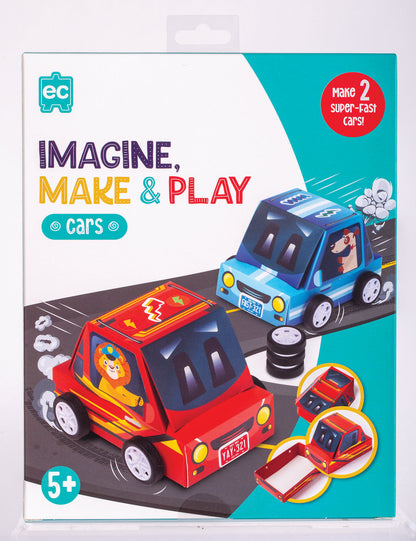 Packaging box for a children's toy set titled 'IMAGINE, MAKE & PLAY cars' by ec. The box features colorful illustrations of red and blue toy cars on a road, with a red badge stating 'MAKE 2 SUPER-FAST CARS!' and a '5+' age icon.