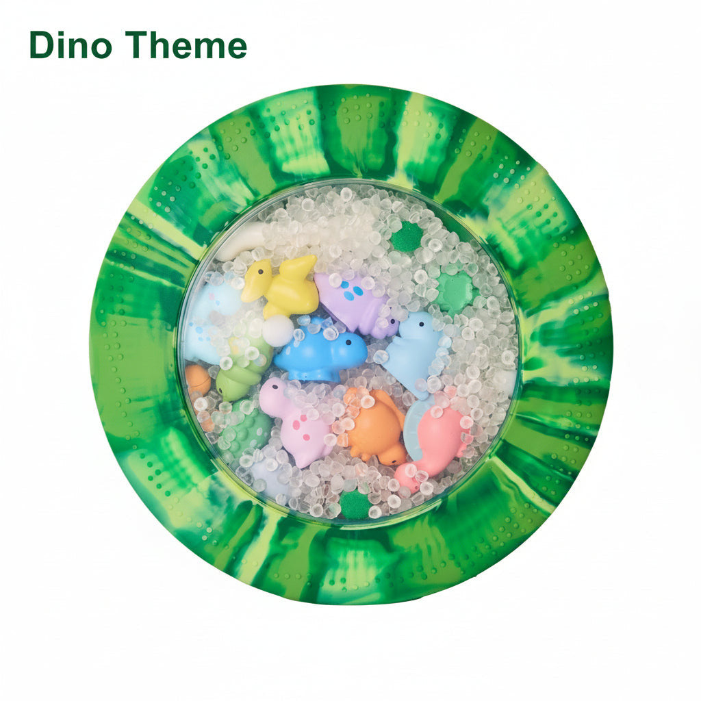 Jellystone Peekaboo Sensory Bag Dino with green silicone exterior and hidden dinosaur figurines