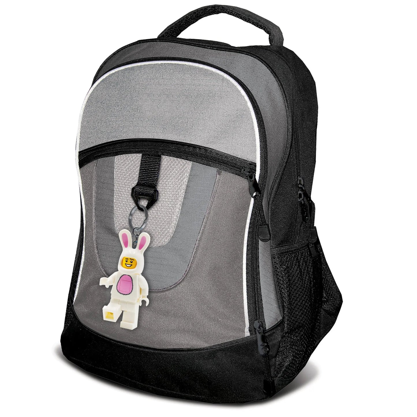 LEGO Bunny Suit Guy LED light keychain attached to backpack