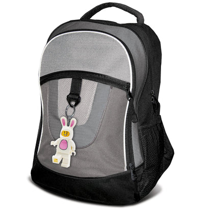 LEGO Bunny Suit Guy LED light keychain attached to backpack