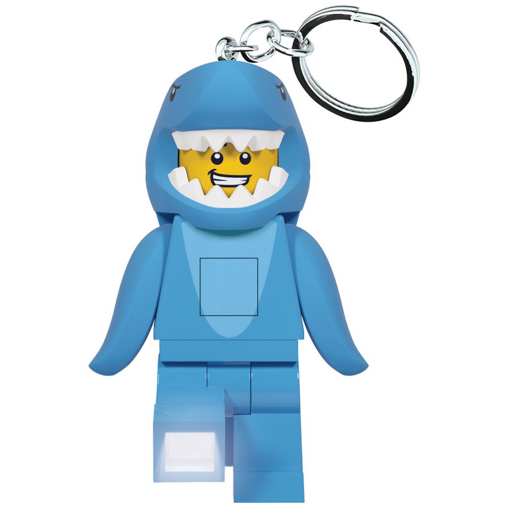 LED light shining from the foot of the LEGO Shark Suit Guy keychain
