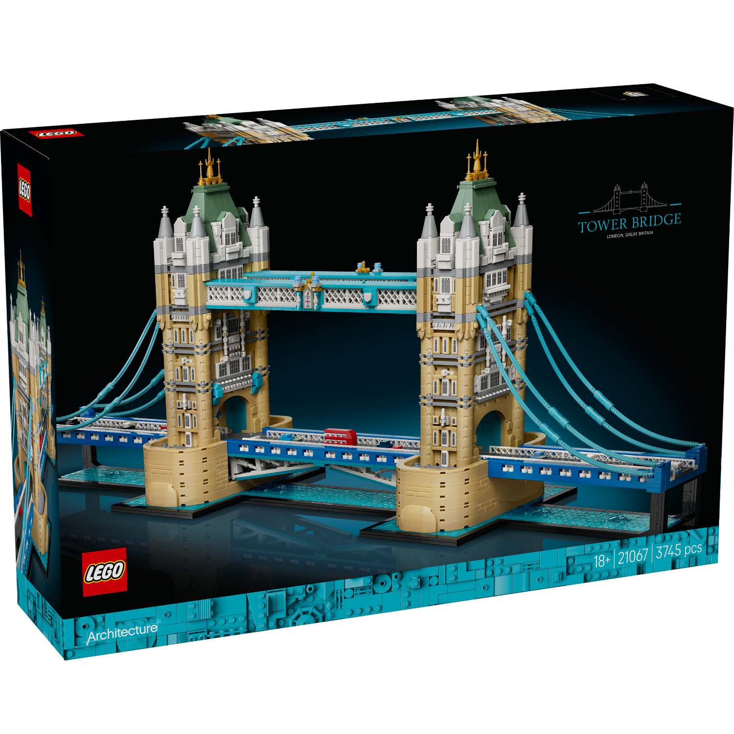LEGO Architecture Tower Bridge set in its original retail box, featuring a detailed model of London's Tower Bridge with blue cables, beige stone towers, and green roofs against a dark background.