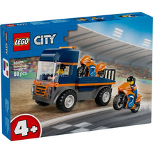 LEGO City Motorcycle Transporter set packaging with truck and motorcycle on a racetrack background