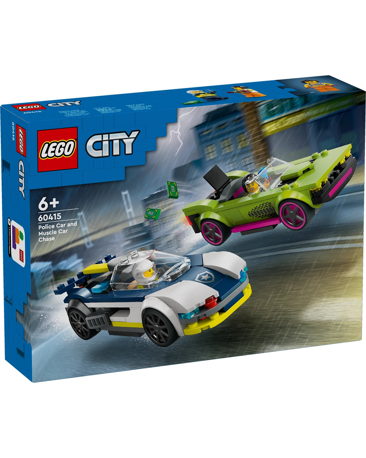 LEGO City 60415 Rubble Car and Humble Car Chase toy set box, showing a blue and white police car and a green and pink luxury car on the front packaging.
