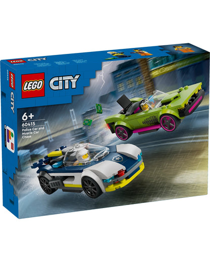 LEGO City 60415 Rubble Car and Humble Car Chase toy set box, showing a blue and white police car and a green and pink luxury car on the front packaging.