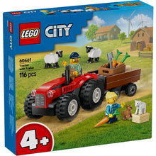 LEGO City tractor with trailer set packaging featuring farm elements and LEGO branding.