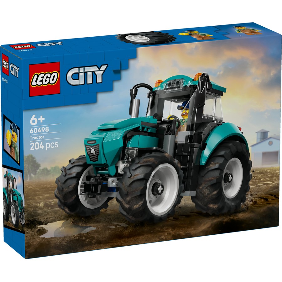 LEGO City tractor set packaging with blue sky and clouds
