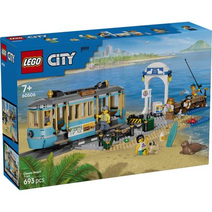 LEGO City set packaging with a beach scene, including a tram and people.