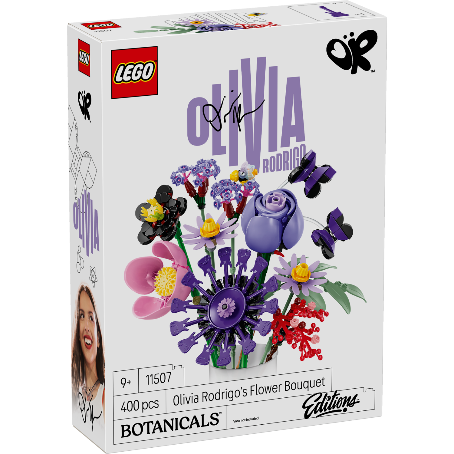 LEGO Botanicals Olivia Rodrigo's Flower Bouquet box, set number 11507, featuring a white box with a colorful illustration of purple, pink, and yellow flowers, signed by Olivia Rodrigo.