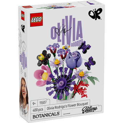 LEGO Botanicals Olivia Rodrigo's Flower Bouquet box, set number 11507, featuring a white box with a colorful illustration of purple, pink, and yellow flowers, signed by Olivia Rodrigo.