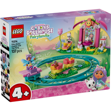 LEGO Gabby's Dollhouse Fairylandia Fairy Roller Coaster and Tea Party set in its original retail box, featuring a colorful illustration of the built toy set with a teal roller coaster, pink tea house, and character figures.