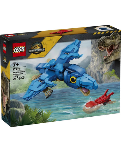 LEGO Jurassic World Baby Dinosaur building set box, set number 77977, featuring a blue baby dinosaur vehicle and a red baby dinosaur on the front packaging artwork.