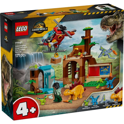 LEGO Jurassic World Velociraptor Builder set 77981 toy building kit box, featuring a dinosaur-themed construction scene with a helicopter, waterfall, treehouse, and small dinosaur figures.