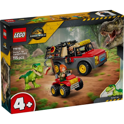 LEGO Jurassic World Young T. rex Transport Truck set packaging with toy figures and dinosaurs.
