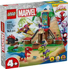 LEGO Marvel Spider-Verse building set box, set number 11200, featuring a colorful illustrated front panel showing a treehouse battle scene with mini-dinos, a helicopter, and Spider-Man and Spider-Woman figures.