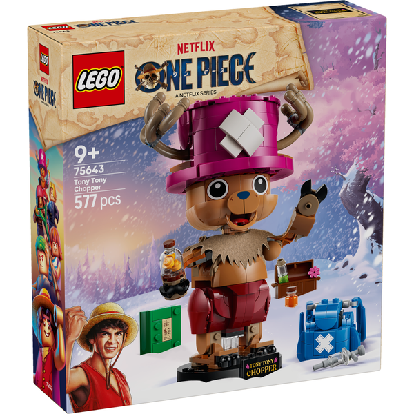 LEGO One Piece set 75643 Tony Tony Chopper building toy box, featuring a snowy scene with the assembled Chopper figure wearing a pink hat and red shorts, along with character artwork and LEGO branding.