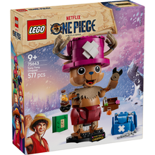LEGO One Piece set 75643 Tony Tony Chopper building toy box, featuring a snowy scene with the assembled Chopper figure wearing a pink hat and red shorts, along with character artwork and LEGO branding.