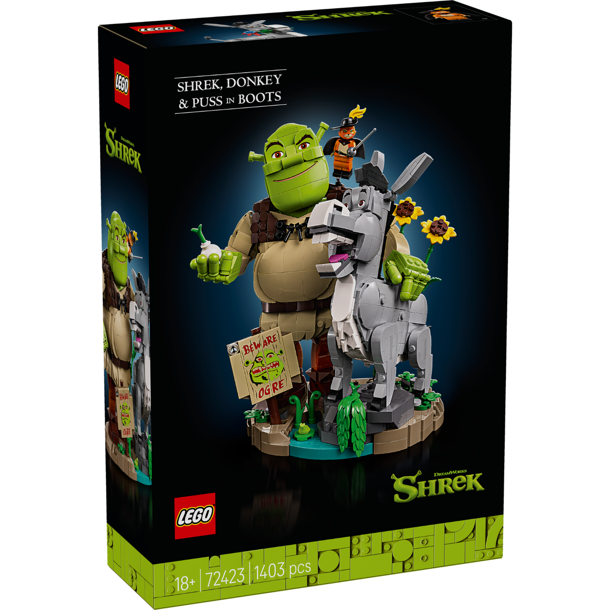 LEGO Shrek and Donkey set packaging with characters on a black background