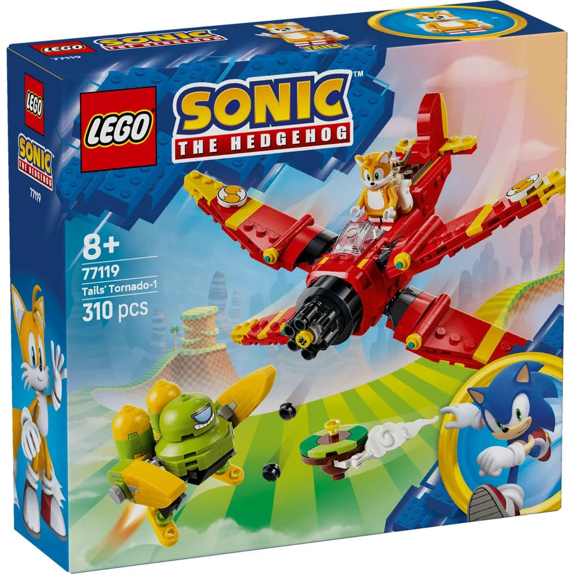 LEGO Sonic The Hedgehog Tails Tornado-1 toy set box, set number 77119, featuring a red and yellow jet plane with Tails flying in it, alongside other Sonic-themed artwork on the packaging.