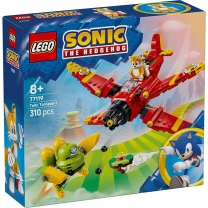 LEGO Sonic The Hedgehog Tails Tornado-1 toy set box, set number 77119, featuring a red and yellow jet plane with Tails flying in it, alongside other Sonic-themed artwork on the packaging.